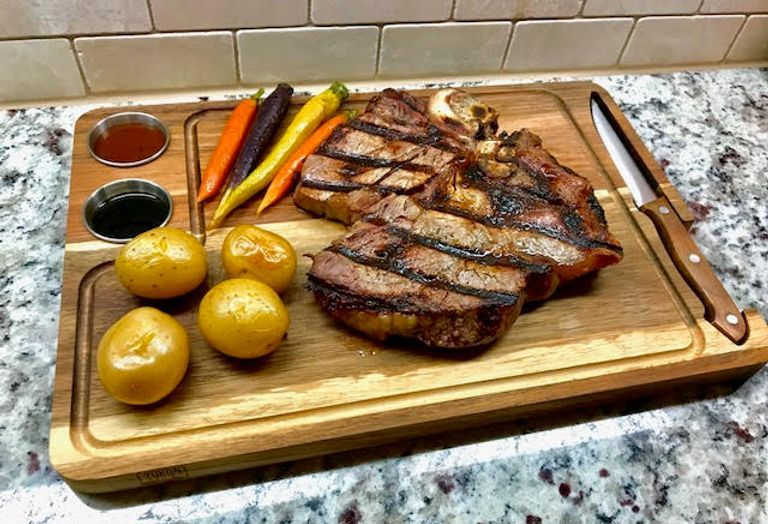 Yukon Glory™ Steak Board for Serving Steak, Meat, and Poultry in Style,  Premium Acacia Wood, Includes Sauce Cups and Steak Knife, 3 Pack